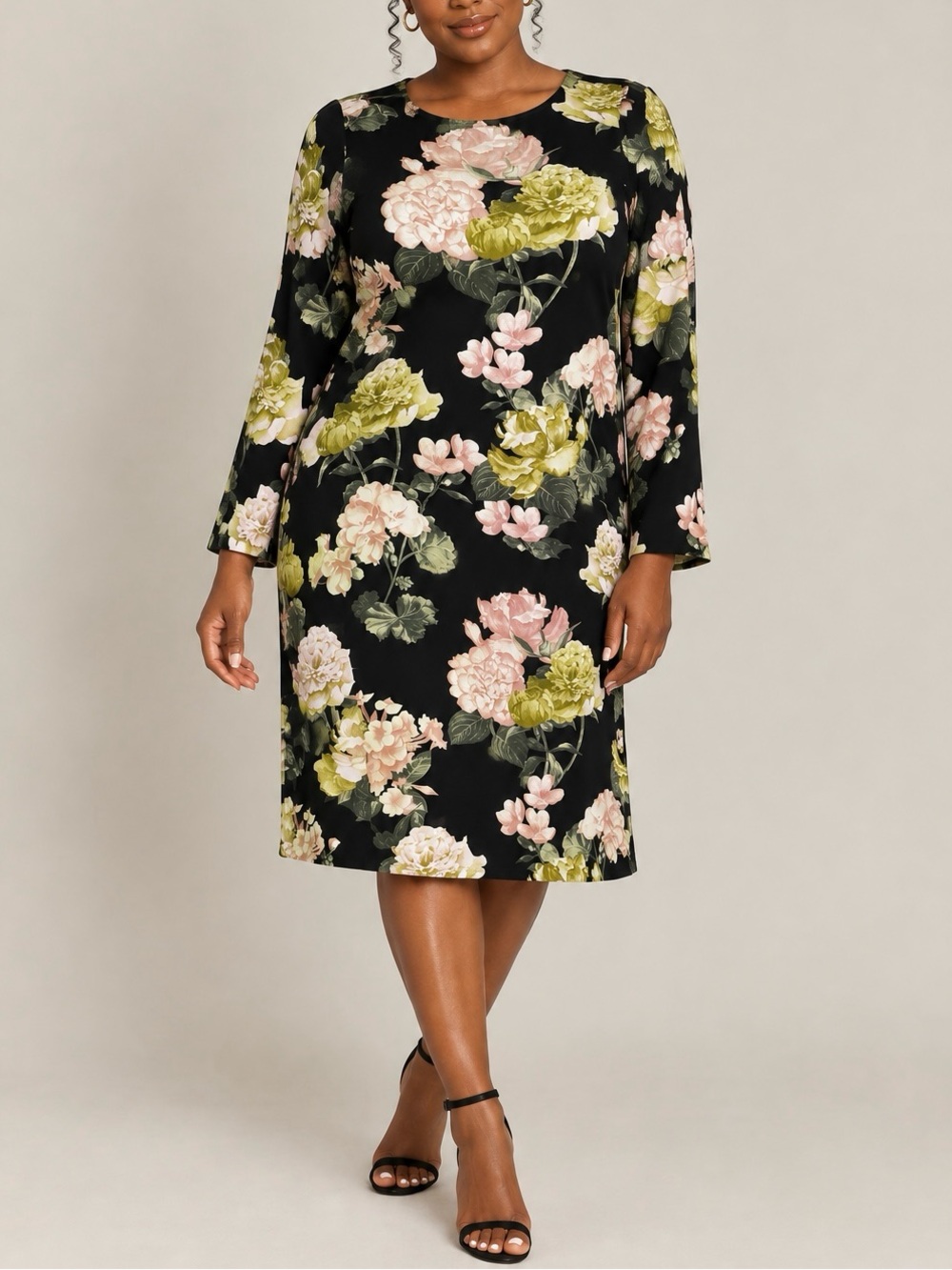 H&M Floral Print Shift Dress in Deep Green with Pink, White & Green Blossoms